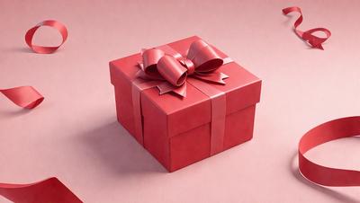 The primary subject of the image is a red box with a bow on top. The box is placed on a pink surface, which adds a contrasting color to the scene. The visual style of the image is a close-up of the box, showcasing its details and texture. The colors and mood of the image are predominantly red and pink, creating a warm and inviting atmosphere.